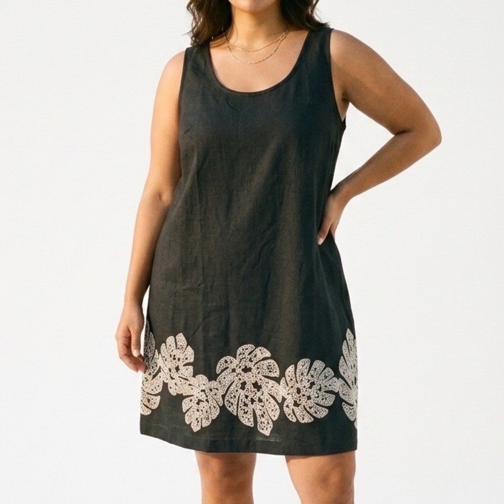 NWTS Banana Republic Black‎ Linen Blend Monstera Embroidered Shift Dress XL